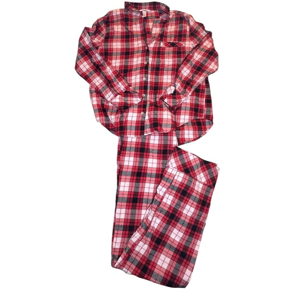#261 Victoria's Secret Pajama Set Womens M Plaid Button-Up Top & Pants 2pc